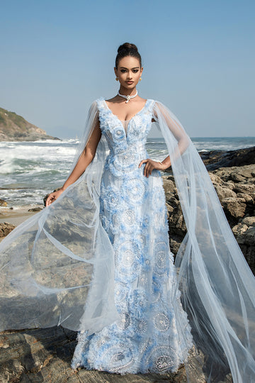 Sparkly Blue V-Neck Sheath Long Formal Dress with Cape Sleeves